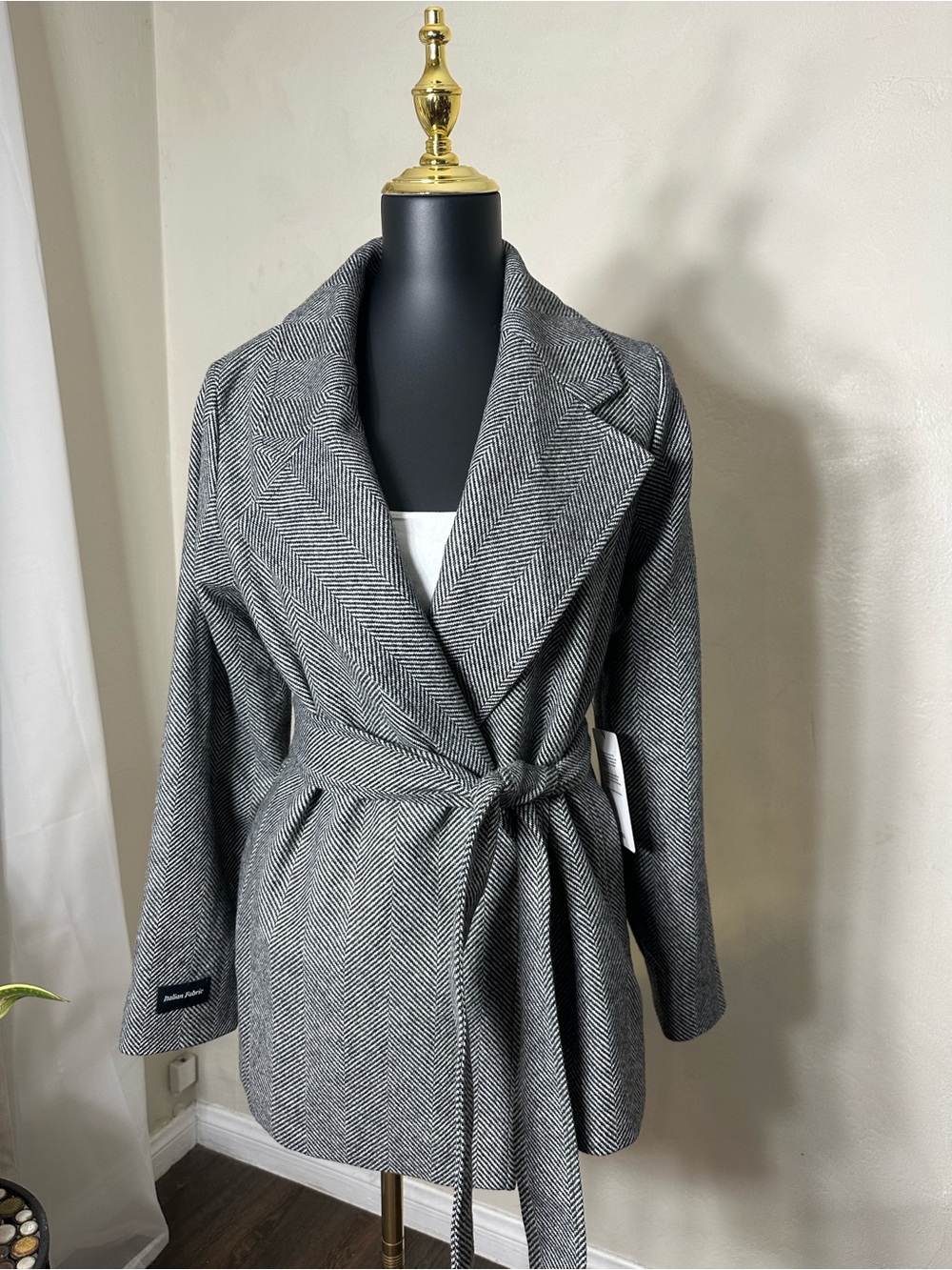 Women's Gray Herringbone Open-Front Blazer Coat